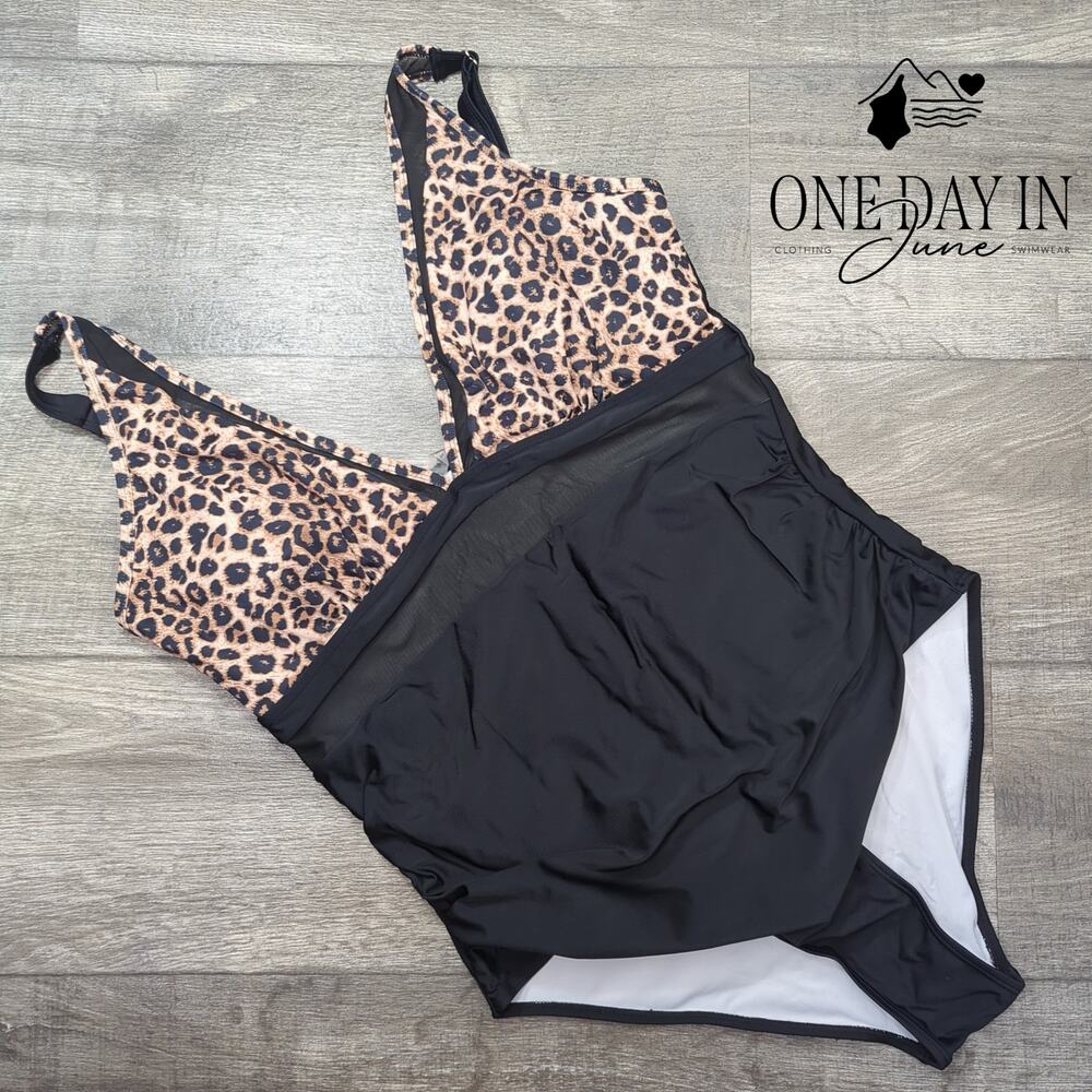 CharmLeaks Plus Size Leopard Mesh Cut Out One Piece Swimsuit Black Size XXL